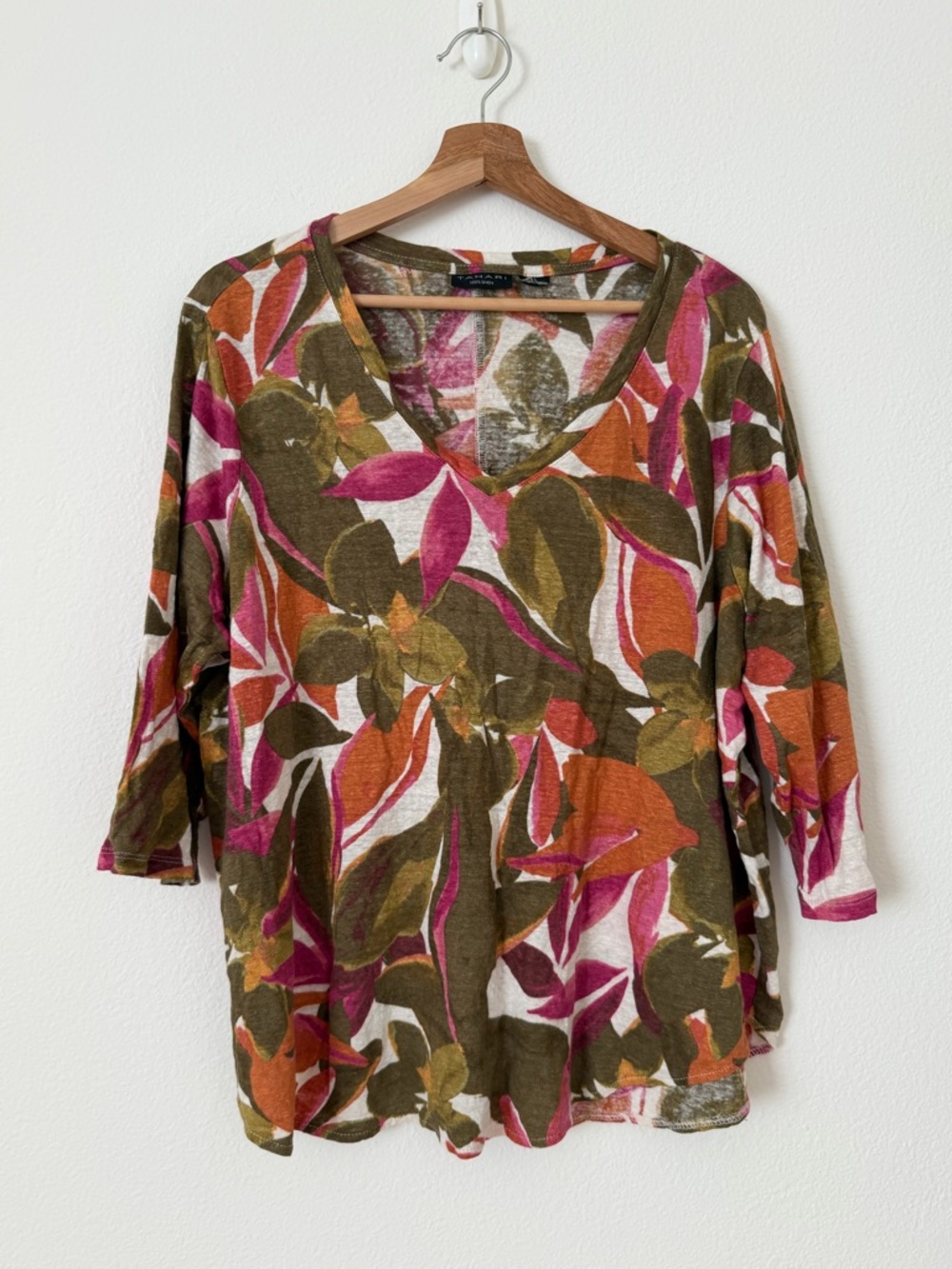 Tahari 100% Linen Tropical 3/4 Sleeve Shirt Plus Size 2X Lightweight Vacation
